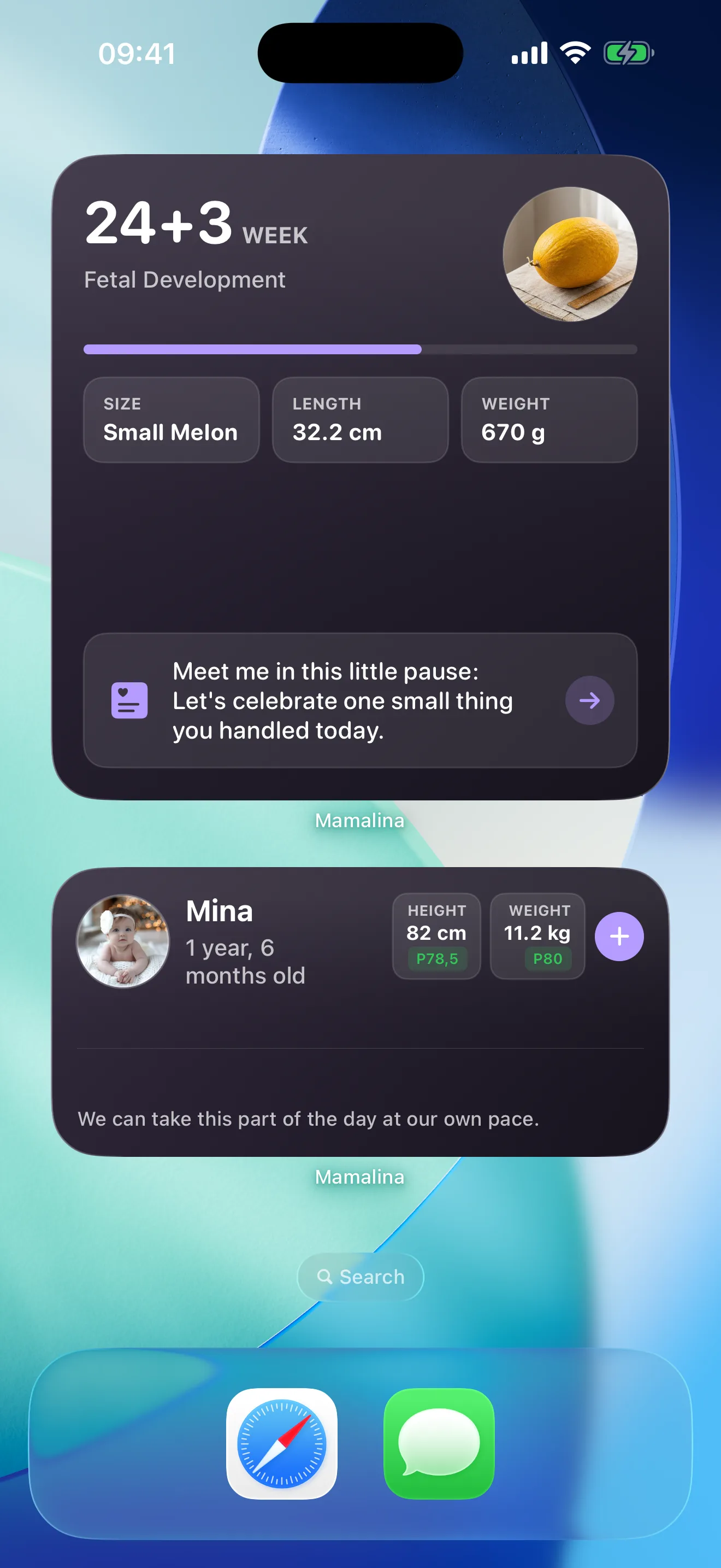 Mamalina pregnancy widget on an iPhone Home Screen