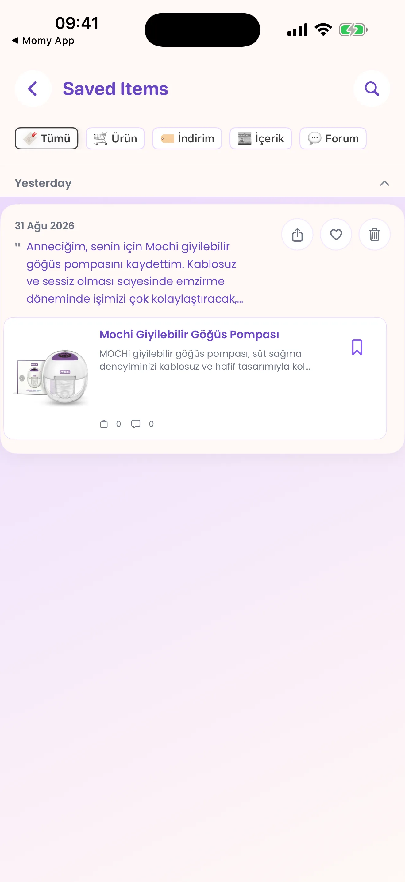 Mamalina Saved Items with content categories